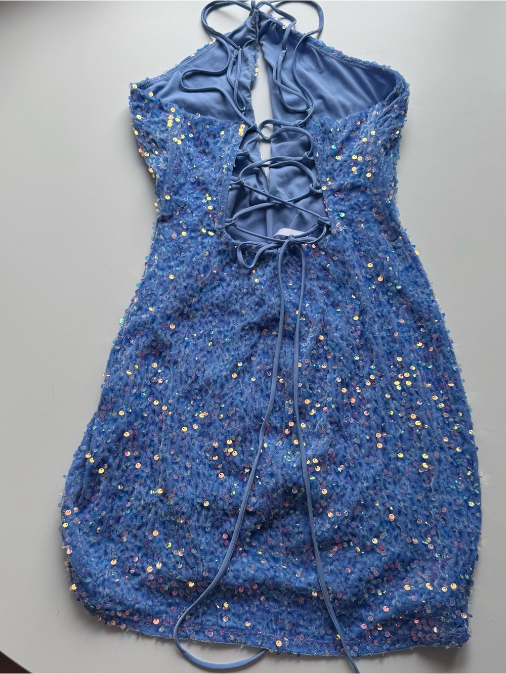 Lucy in the Sky Iridescent Light Blue Sequin Halter mini dress - Picture 4 of 11